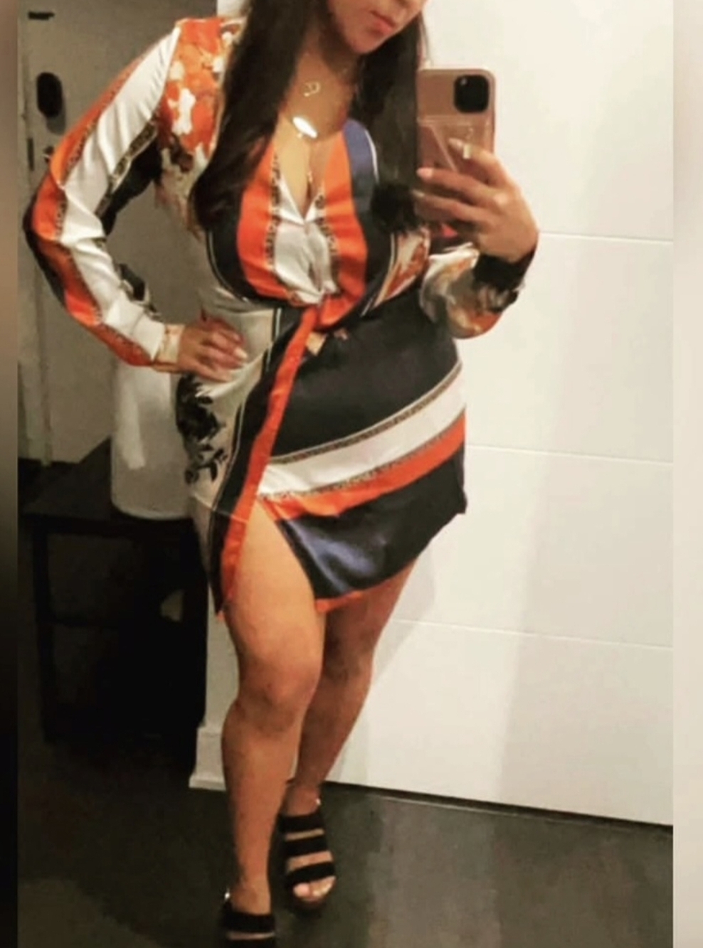 Fashion Nova Navy, Orange & White Floral Wrap Dress